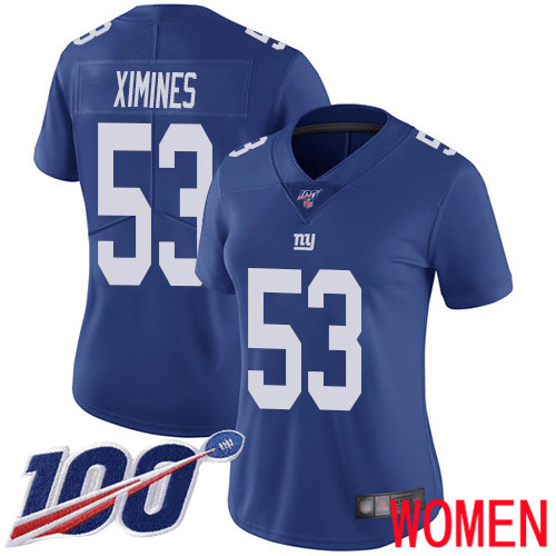Women New York Giants #53 Oshane Ximines Royal Blue Team Color Vapor Untouchable Limited Player 100th Season Football NFL Jersey